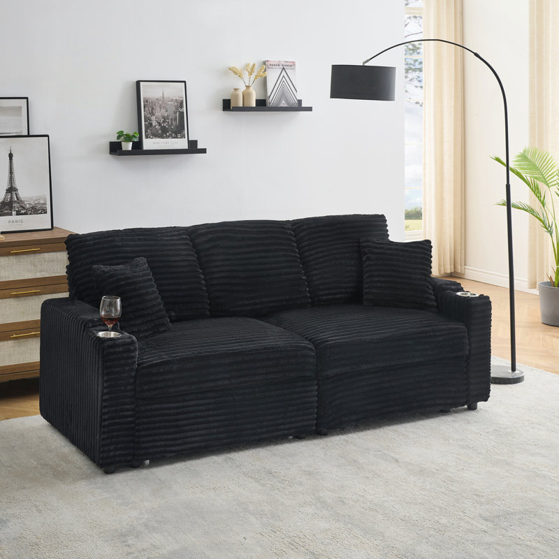 Canapé pliable 80 po deux-en-un avec fonction cachée, tissu en velours côtelé, porte-gobelet et coussin, adaptable pour le salon, noir