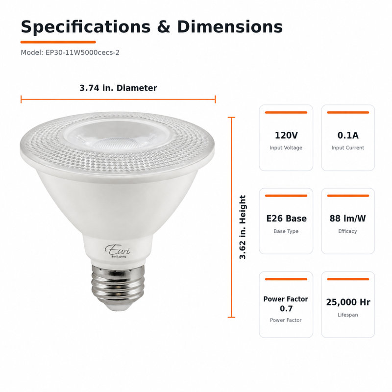 Euri Lighting PAR30 LED Bulbs, 11W, 975 lm, 75W Eq., 3000K, E26, Dimmable, CEC/JA8/UL, 2-Pack