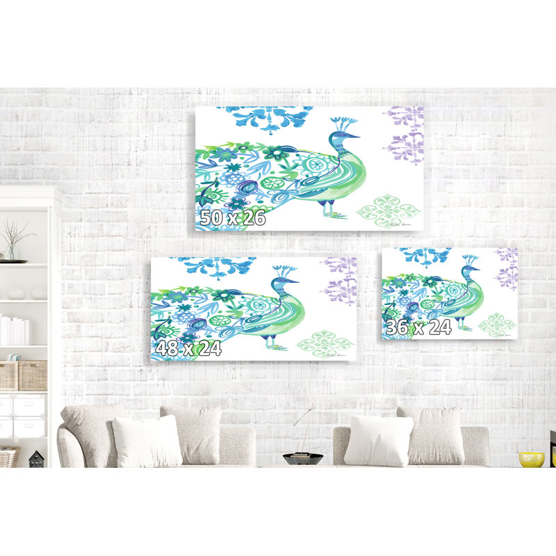 Paon conçu, bleu, vert, sur fond blanc, aquarelle, H 26 po x l 50 po x P 1,5 po