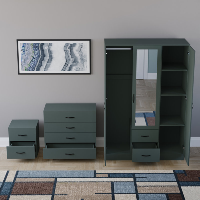 Maybery 3 Piece Bedroom Set (2 Drawer Bedside Chest, 4 Drawer Chest, 3 Door 2 Drawer Mirrored Wardrobe), (5), Green