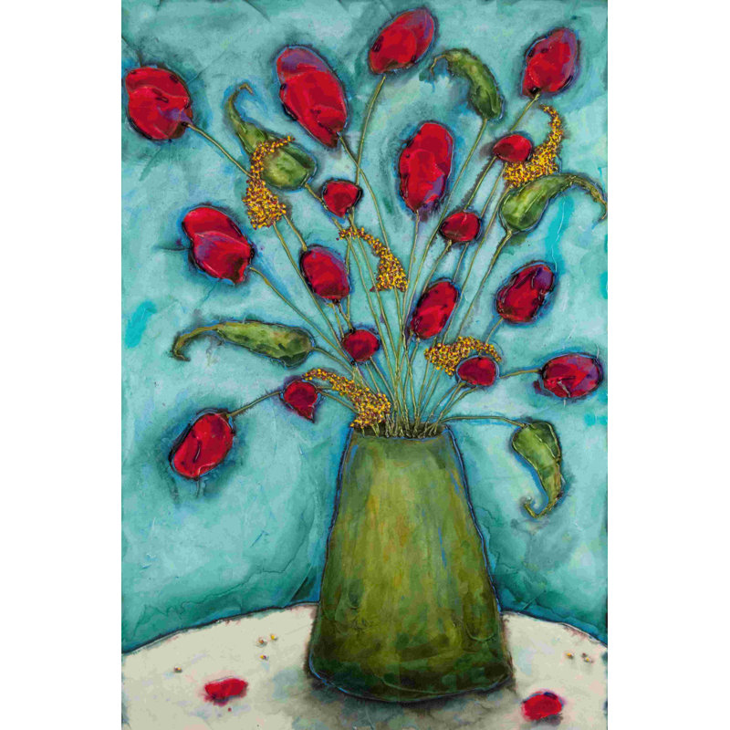 Fleurs dans un vase vert, H 48 po x l 32 po
