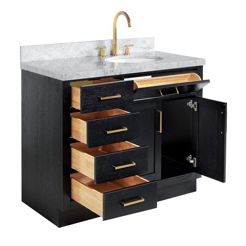 Meuble-lavabo simple en bois massif Tidworth de 42 po avec plateau en marbre de Carrare de 1,5 po, Oui, Ovale, Chêne noir