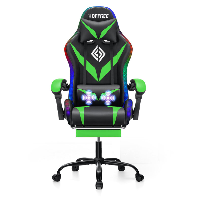 HOFFREE Fauteuil de jeu avec lumières DEL RVB et massage Fauteuil de jeu vidéo avec repose-pieds Fauteuil d'ordinateur inclinable ergonomique à haut dossier