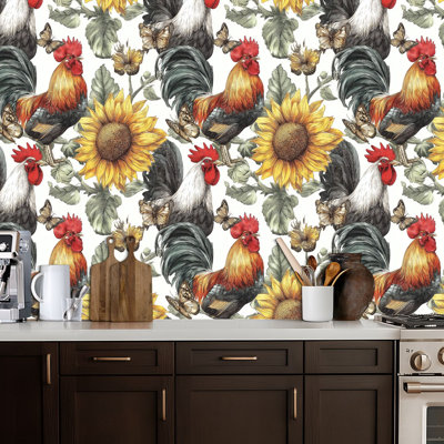 Papier peint auto-adhésif, coq et tournesols, tournesols, papillons de campagne, papier peint amovible, auto-adhésif mural pour armoires de cuisine de chambre à coucher
