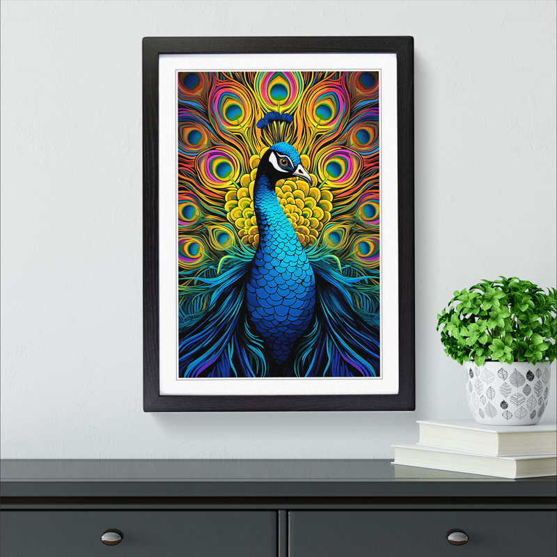 Peacock Op - Single Picture Frame Print on Wood, Black Framed, 34cm H x 25cm W x 2cm D
