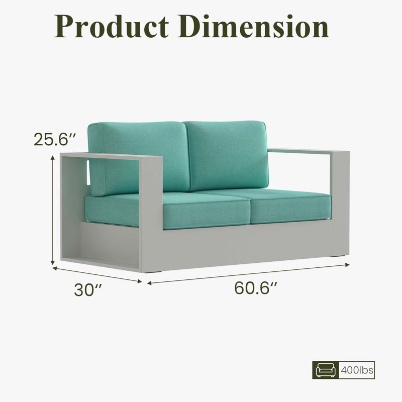 Modern Outdoor Aluminum 2-seater Loveseat With Cushions, Teal Cushion/White Frame