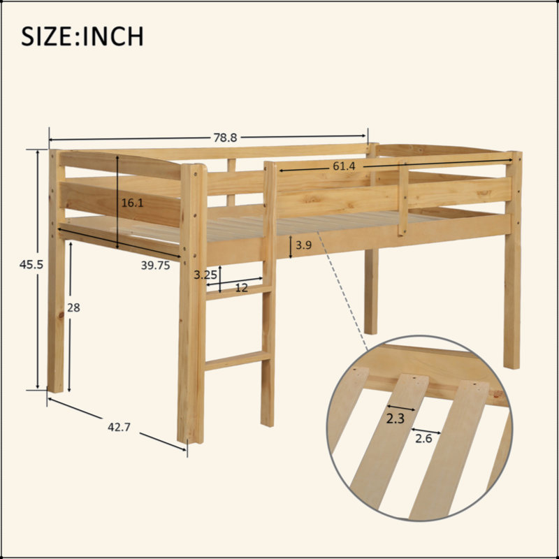 Lit mezzanine en bois avec lit simple et échelle
