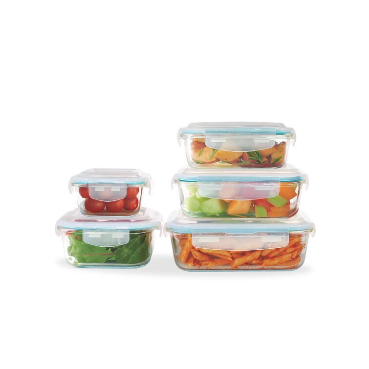Square Food Containers Box Set of 5 with Airtight Snap On Lids by