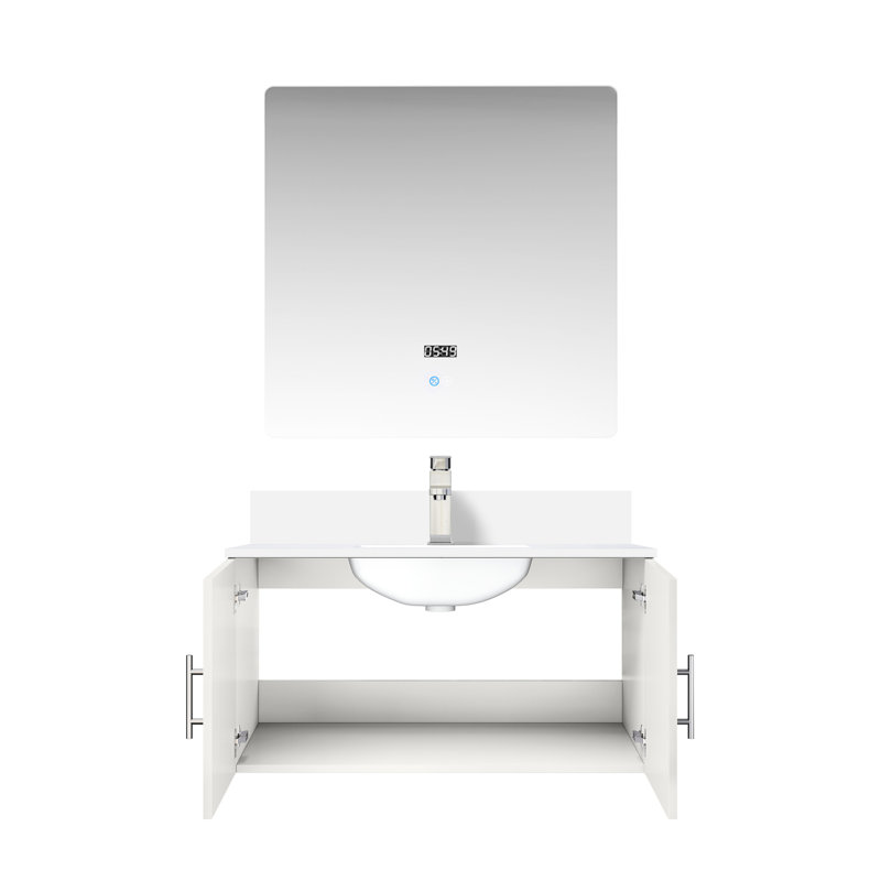 36 po L x P 22 po. Meuble-lavabo bleu marine avec comptoir en marbre, robinet et miroir à DEL - égratignure et teinture longue durée