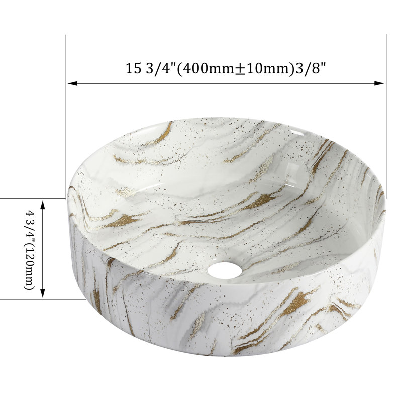 Lavabo de salle de bain rond rond en céramique pour salle de bain, glacier de haute qualité, bien conçu, comptoir de salle de bain de 15,9 pouces de largeur, 18,9 lb, avec design blanc et or, trois couches faciles à entretenir,