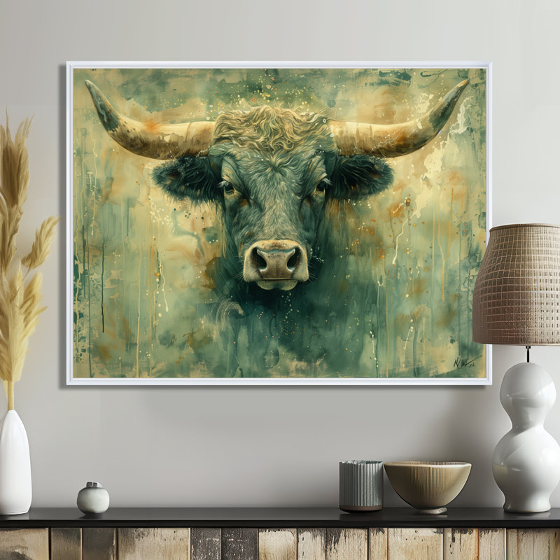 Taureau doré doré vert Zodiac Treasures - Bétail, art mural, salon, Cadre photo noir, H 12 po x l 20 po