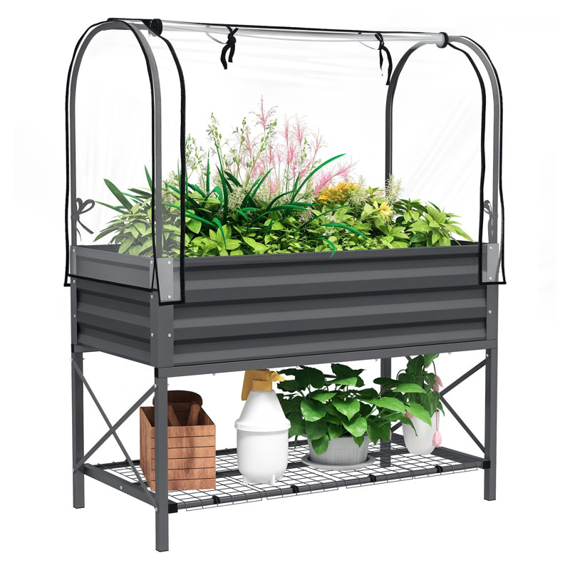 Jardinière surélevée Outsunny avec mini-serre, tablette de rangement et doublure, jardinière en métal gris foncé pour légumes et herbes aromatiques