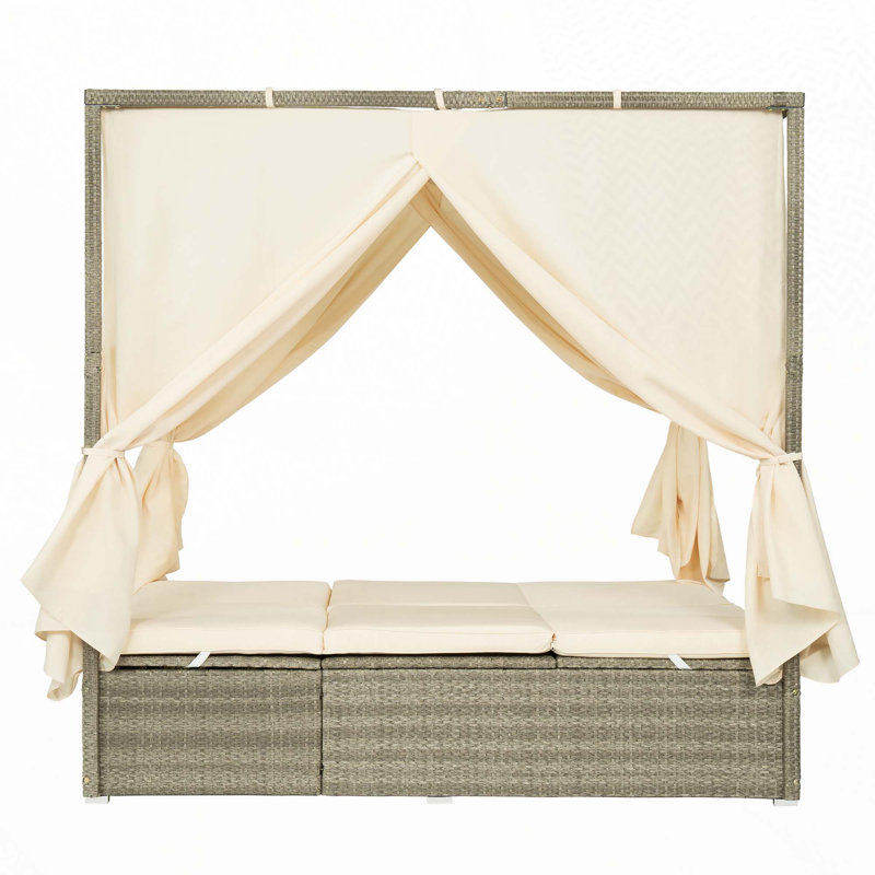 Outdoor Sun Bed With Curtain And Adjustable Backrest, Beige