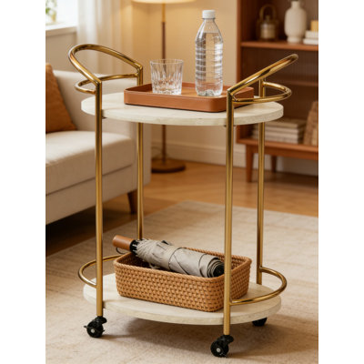 Modern Bar Cart With 2 Travertine Style Shelves, Cream And Gold Finish, Mobile Serving Cart For Living Room, Dining Room, Or Kitchen