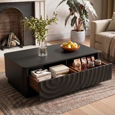 Table basse 47,2 po rectangulaire avec tiroirs, table de centre en panneau de fibres à densité moyenne, aspect bois, brun noyer / noir