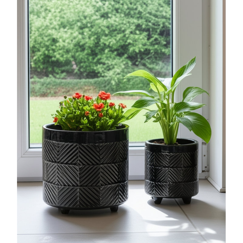 Stoneware Ceramic Planters with Textured Design and Elevated Feet - Set of 2, Abstract Black