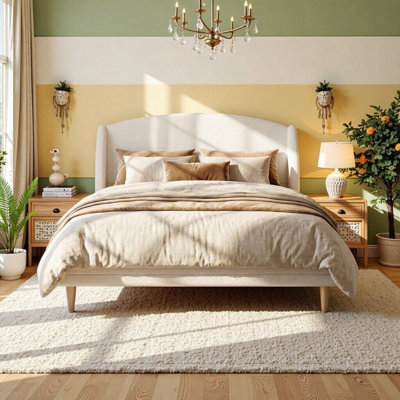 Grand lit plateforme tapissier avec tissu Boucle et tête de lit à oreilles, coins arrondis