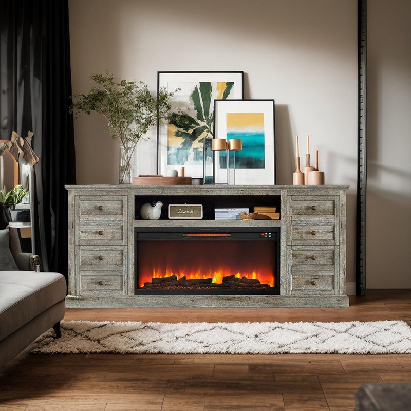 Farmhouse Tv Stand With 36'' Electric Fireplace,31'' Media Console With Drawer,Adjustable Flame,For 80'' Tvs, Gray