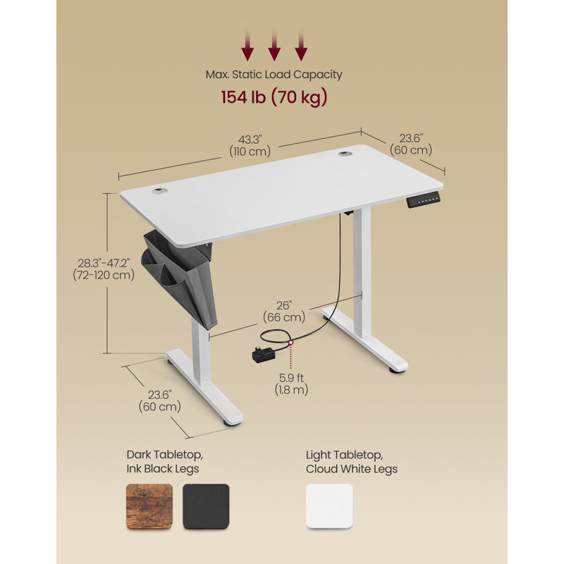 Height Adjustable Rectangle Standing Desk, White/White, 120 H x 110 W x 60 D cm