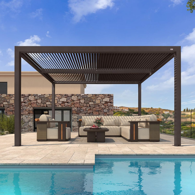 Pergola à persiennes en bronze mauve 11 pi x 13 pi avec toit réglable en aluminium et système de drainage pour terrasse