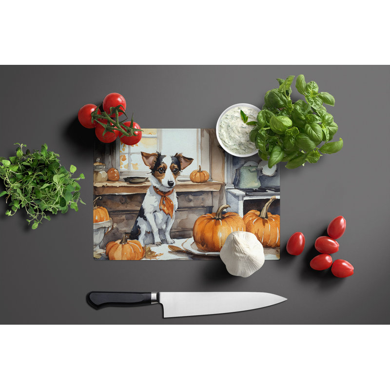 Jack Russell Terrier Fall Kitchen Pumpkins Glass Cutting Board Large