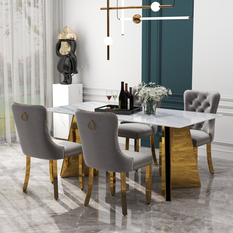 Ensemble de salle à manger rectangulaire à double piédestal avec chaise capitonnée, Vert/doré, 5