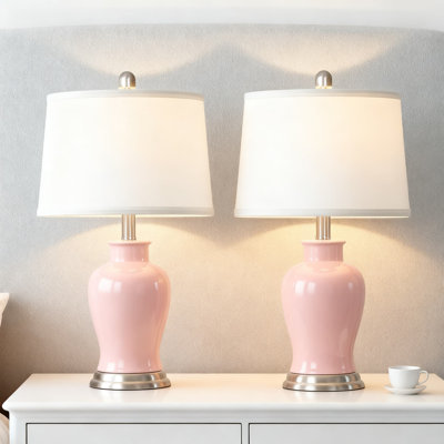 Modern Pink Ceramic Table Lamp Set Of 2 With Linen Shade, Ginger Jar Design For Bedside Nightstand, Living Room, And Dining Room Home Decor