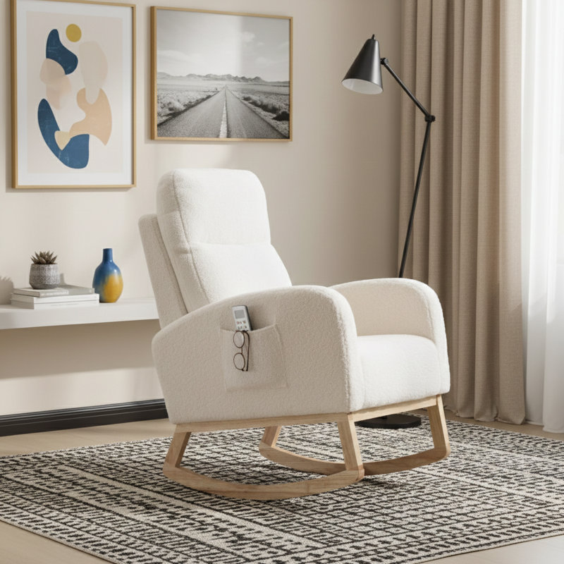 Chaise berçante moderne 25 po avec poche latérale et soutien lombaire haut, Blanc