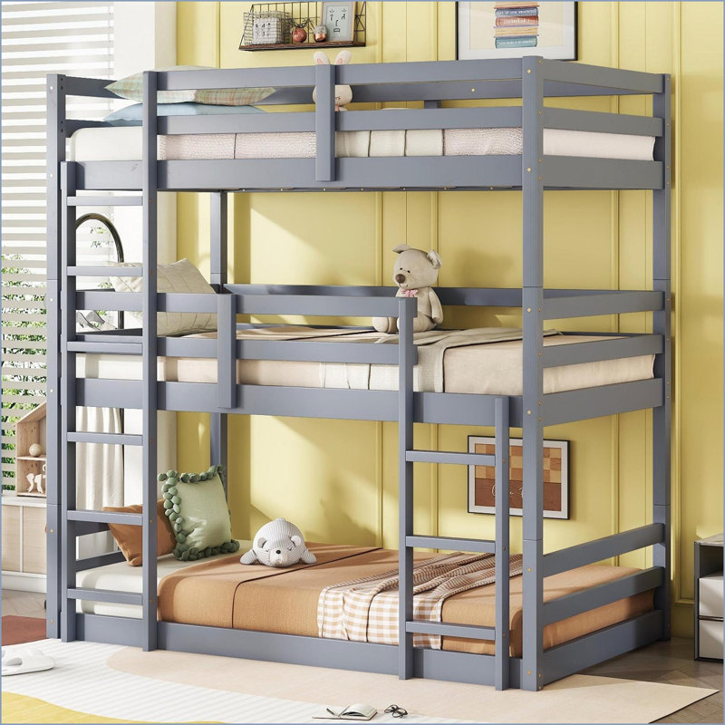 Lit superposé amovible simple au-dessus de simple en bois d'hévéa massif - aucun sommier nécessaire, gris