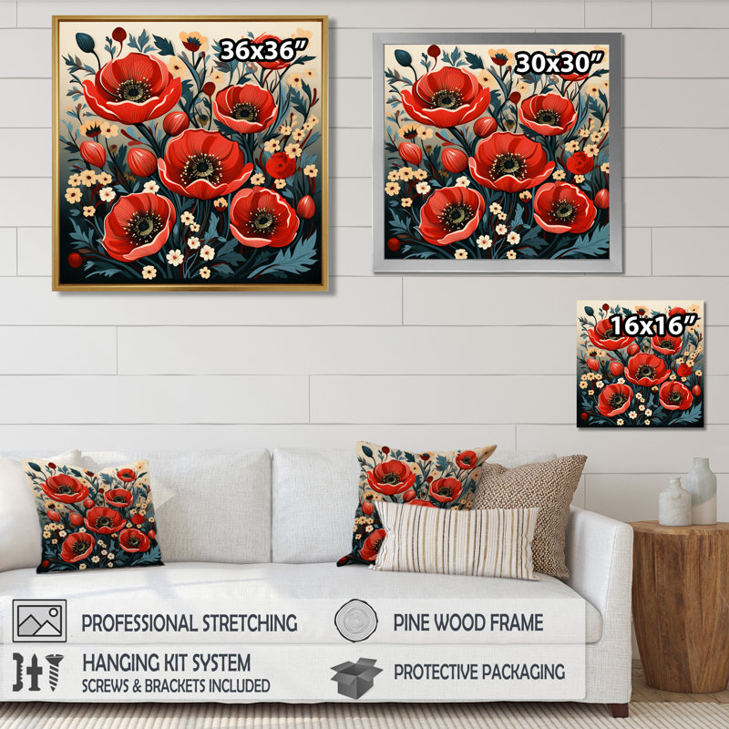 Swanage - coquelicot, art mural, H 16 po x l 16 po, Toile tendue