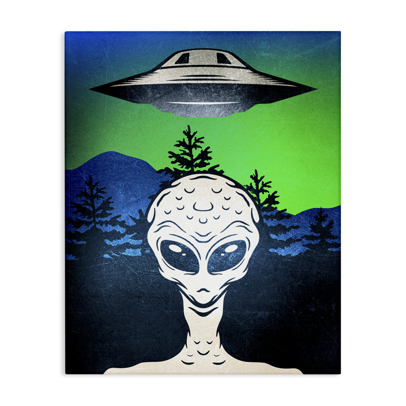 Alien et toile de scène OVNI, design par Kim Allen, H 30 po x l 24 po