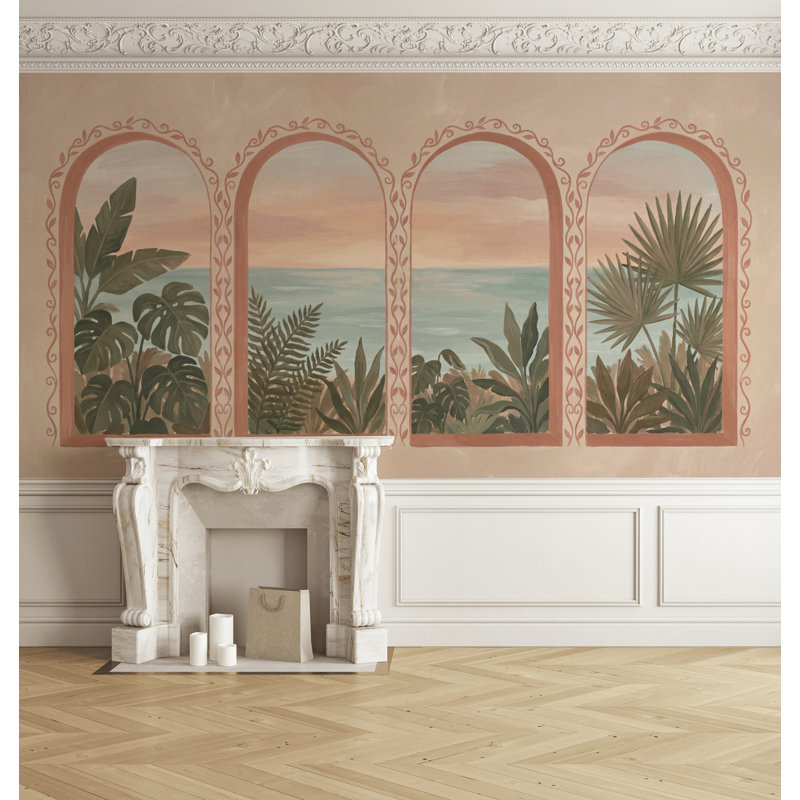 Panneau mural paysage côtier avec fenêtres arquées, Peler et coller, 200 po x 120 po