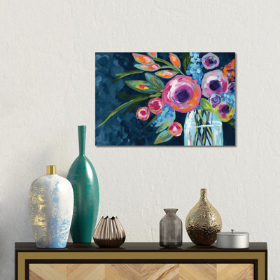 Flowers In A Mason Jar Indigo - Wall Art Print - Wrapped Canvas