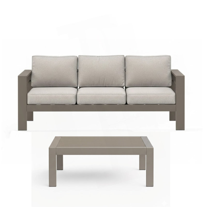 2 Pieces Outdoor Patio Set, All-Weather 75” 3-Seat Metal Patio Sofa Couch With Thick Beige Cushions, Khaki Frame And 43” Coffee Table