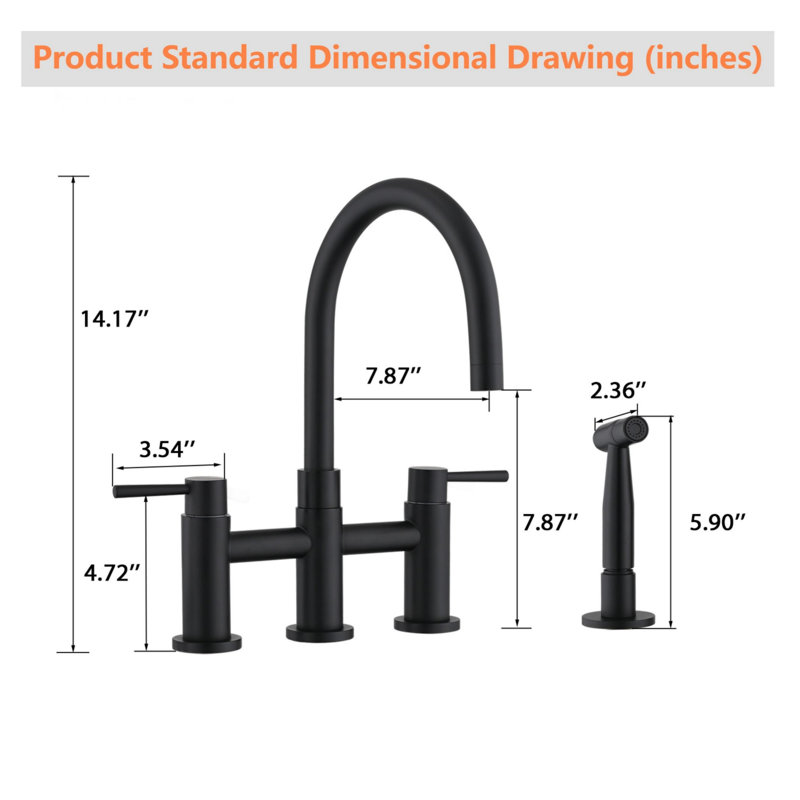 Double Handle Bridge Kitchen Faucet With Side Spray, Matte Black