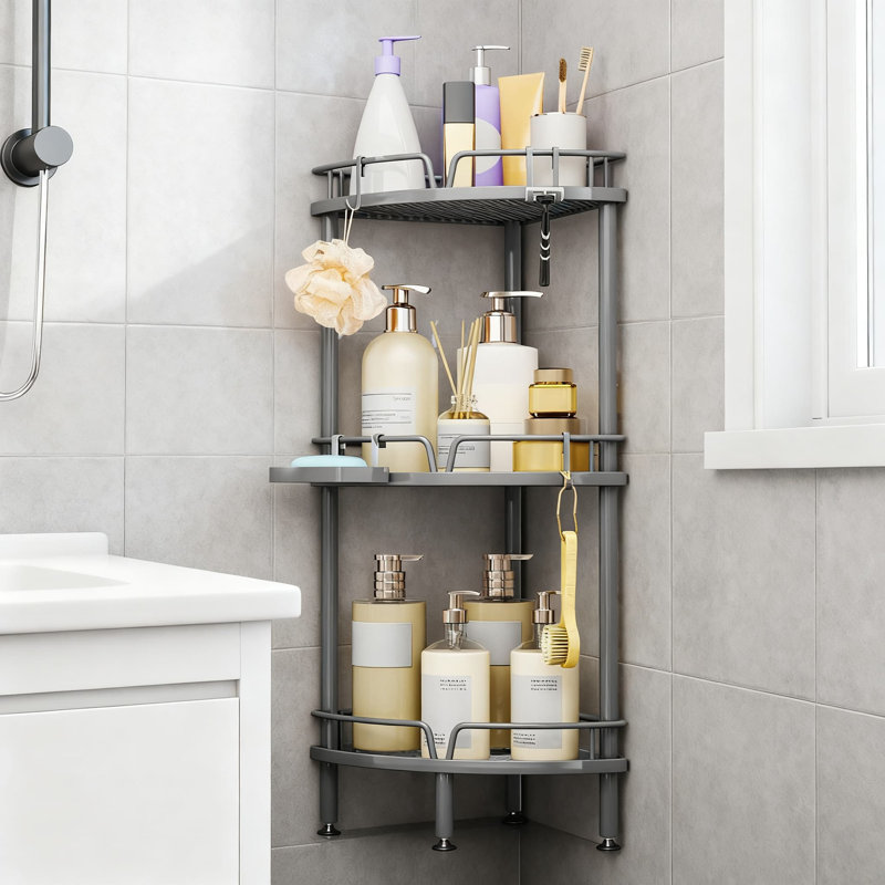 Support de douche à 3 niveaux avec porte-savon et crochets - Organisateur de rangement de plancher réglable avec base antidérapante pour salle de bain