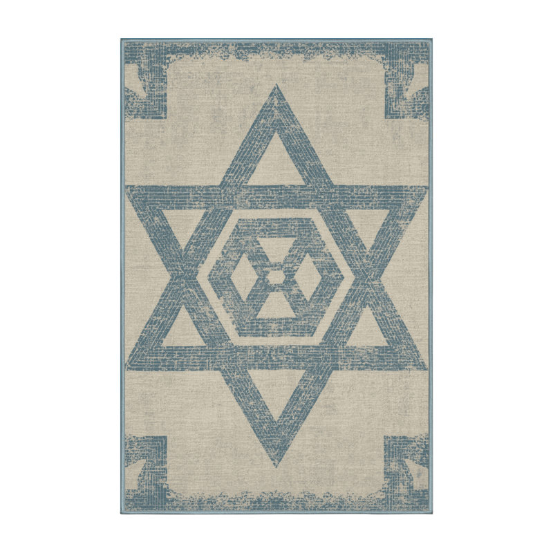 Machine Washable Alderamin Hanukkah Modern & Contemporary Abstract Rug in Beige – SkyBlue Binding, 2x4