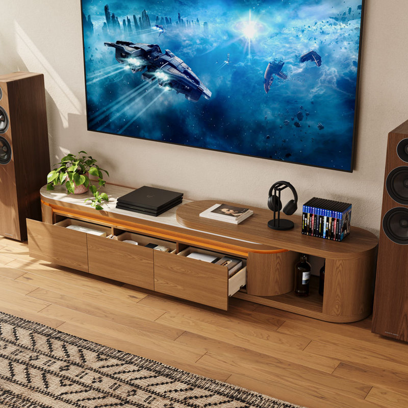 Meuble télé 78,75 po –106,3 po de style Mid-Century avec lumières DEL, console média avec plateau en travertin mat, console de couleur noyer et blanche avec rangement