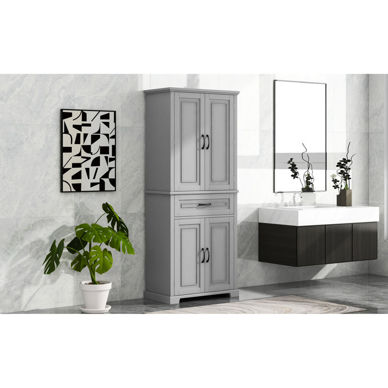 Armoire de rangement de salle de bain grise avec portes et tiroir, tablette réglable, espace généreux, armoire robuste, Gris