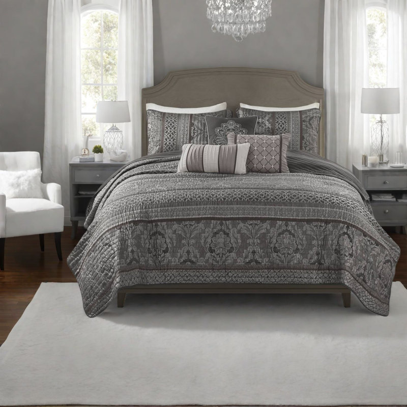 Ensemble de literie luxueux 6 pièces, courtepointe en jacquard de polyester, design gris moderne