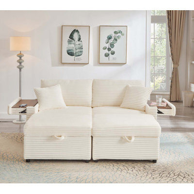 Canapé confortable moelleux en velours côtelé, espace de rangement pour grande causeuse, méridienne moelleuse avec repose-pieds double et table de bout