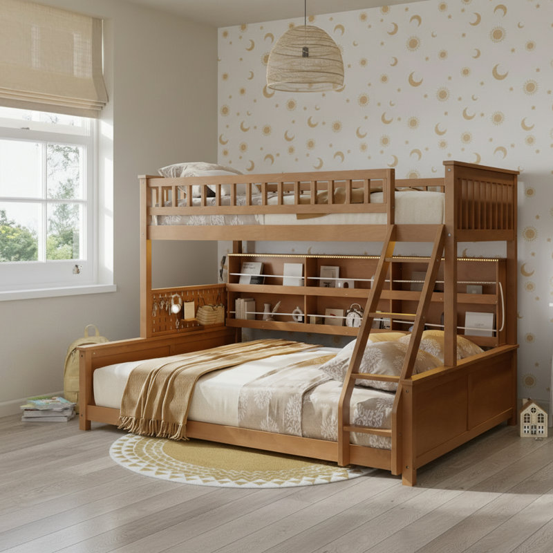 Twin Xl Over Queen Bunk Bed With Led Lights & Shelving Storage, Twin XL over Queen, Brown