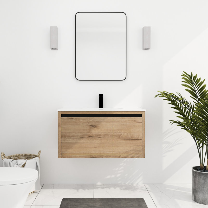 Armoire de salle de bain murale 36 po avec lavabo en gel - charnières de conception de meuble-lavabo 36 po, Naturel