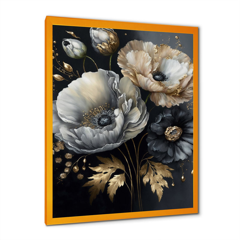 Bouquet de fleurs gris doré II - Bouquet de fleurs gris doré II - reproduction sur toile, H 44 po x l 34 po x P 1,5 po