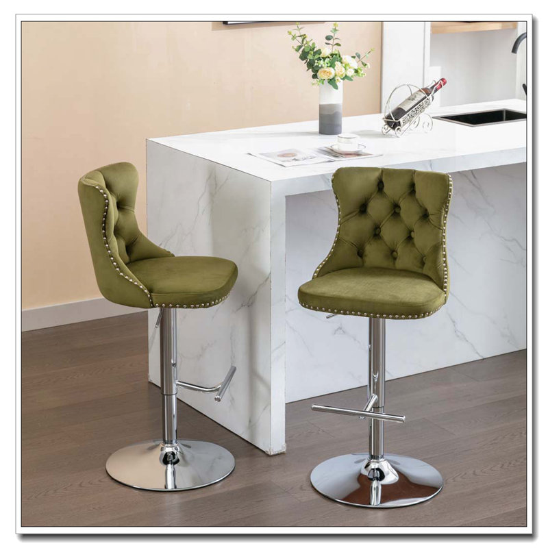 Tabourets de bar pivotants en velours à hauteur de siège réglable, Silver, Vert olive