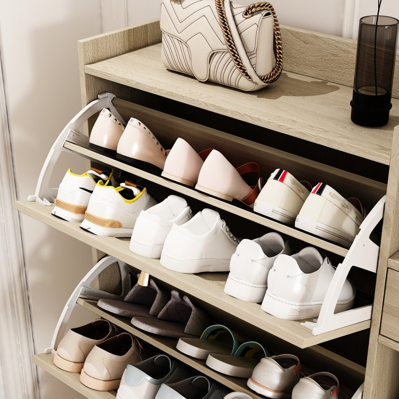 Range-chaussures avec 3 tiroirs rabattables et rangement, Bois naturel