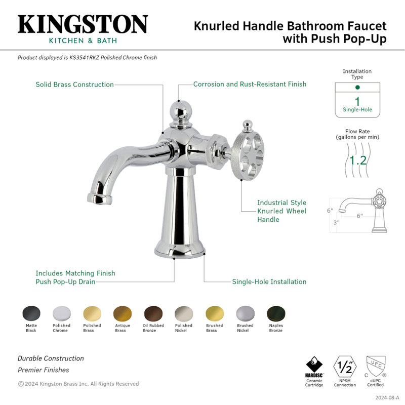 Kingston Brass Wendell Single-Handle 1-Hole Deck Mount Bathroom Faucet with Knurled Handle and Push Pop-Up Drain