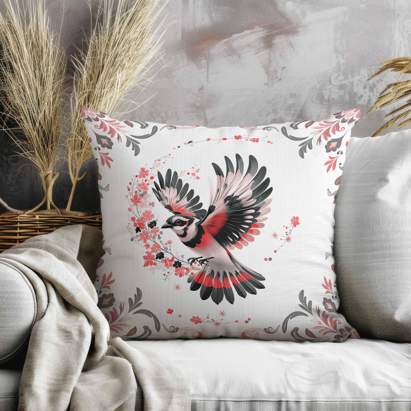 Oreiller Blaze Bird, Noir / blanc / rose, Carré 16 po
