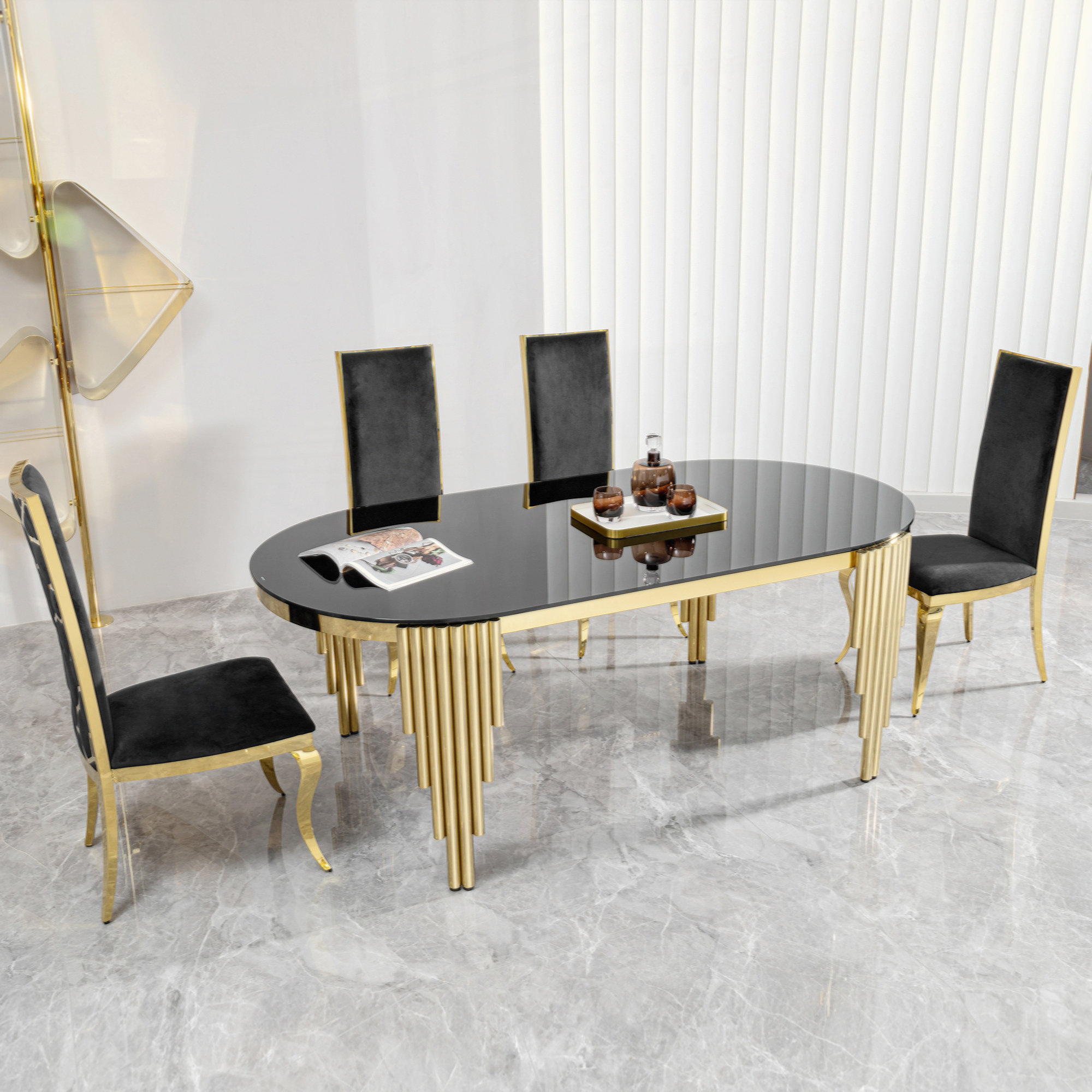 Everly Quinn Mollyanne 79.53" Glass Top Oval Dining Table With Gold ...