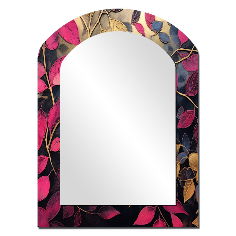 Or et rose feuille charme en hiver - feuilles grand miroir asymétrique, miroir mural décoratif arche traditionnelle, impression d'art en métal